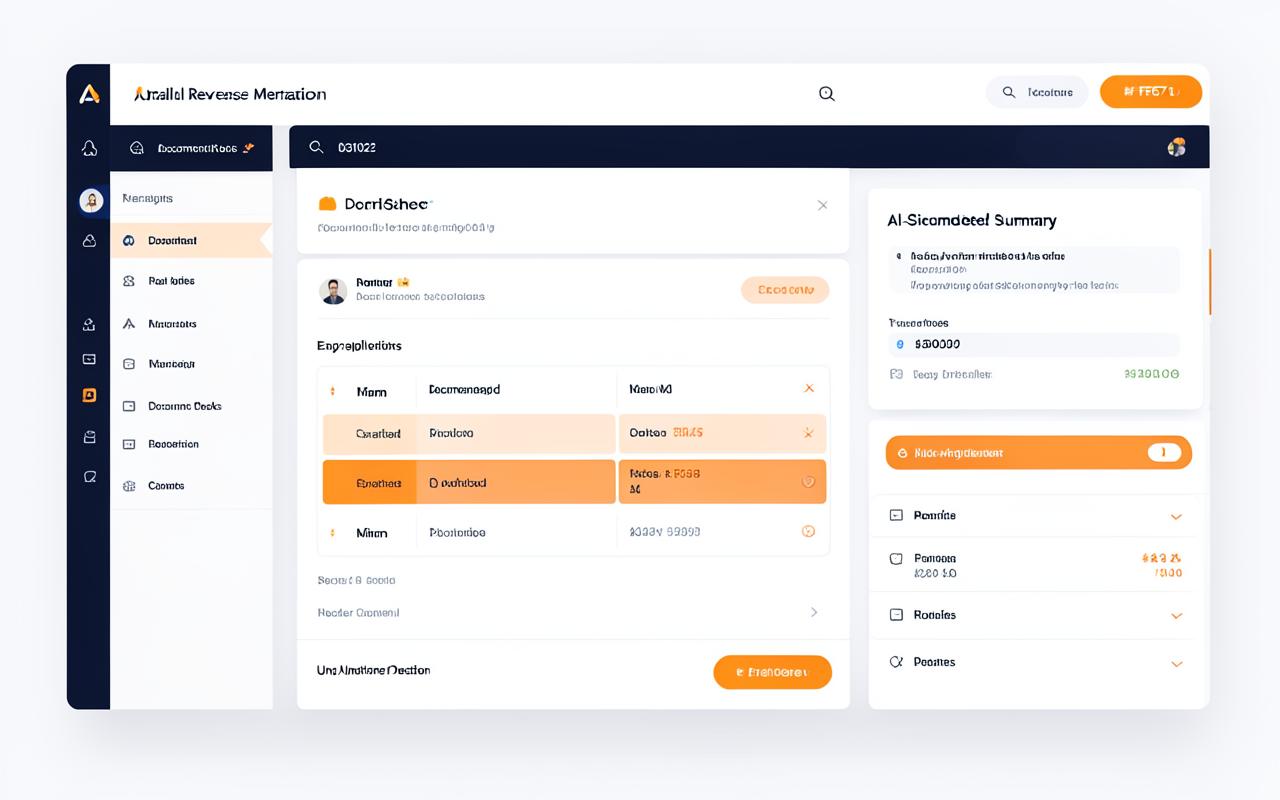 AI-assisted origination screen showing document classification, extracted data fields and underwriter decision support with anonymised placeholder data.