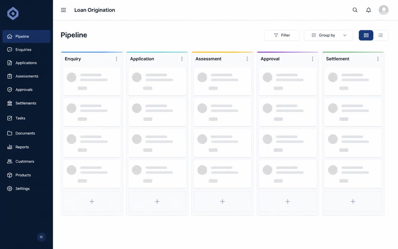 Loan origination pipeline board from the reverse mortgage lending platform.