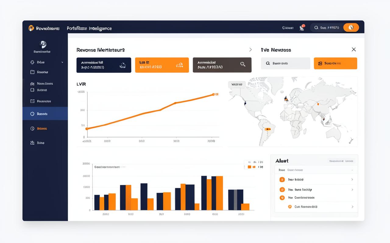 Portfolio intelligence dashboard with LVR trend, concentration metrics and risk alerts using anonymised placeholder data.