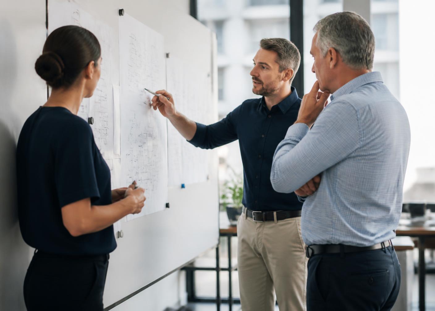Business team mapping an operational process on a whiteboard